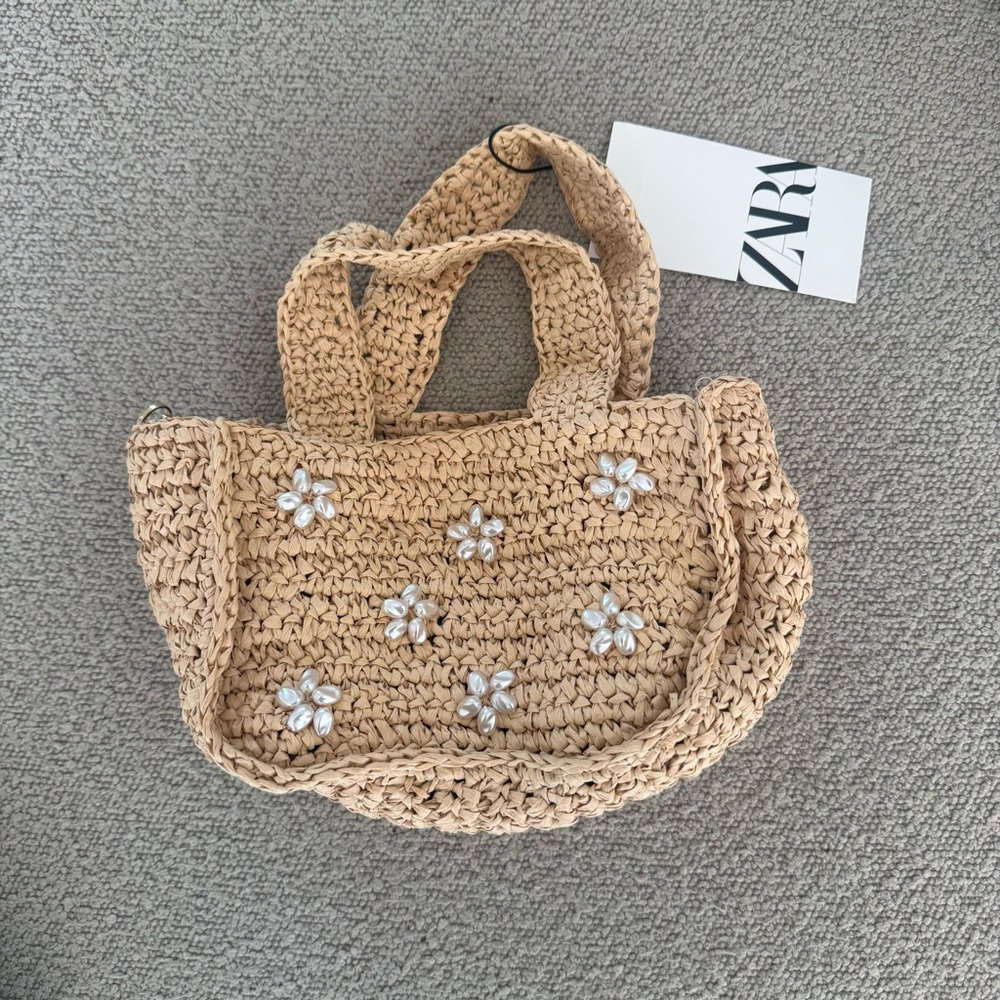 Zara Pearl Flower Raffia Straw Mini Tote Bag NWT Natural Beige Summer